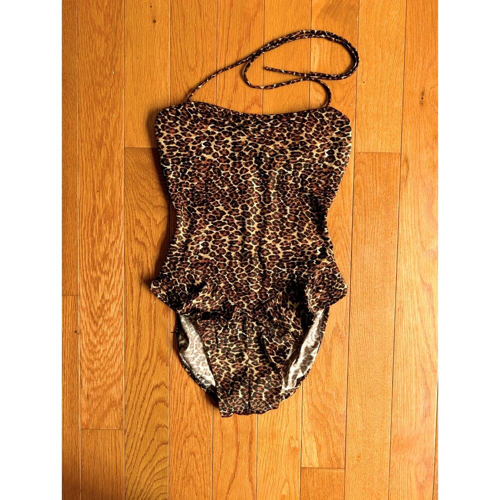 Vintage 80s Gottex One Piece Swim Suit High Leg Ruffle Hem Leopard Print Size S
